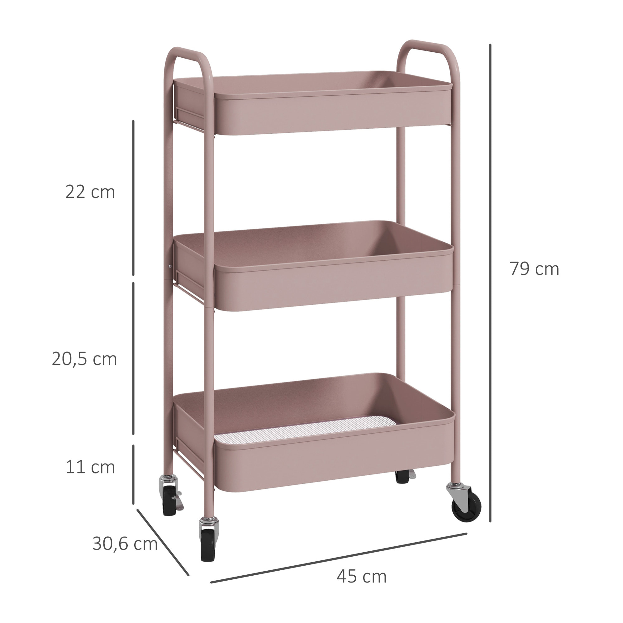 HOMCOM Carrito Auxiliar con Ruedas Carrito de Almacenamiento con 3 Cestas y Marco de Acero para Salón Dormitorio Oficina Cocina 45x30,6x79 cm Rosa