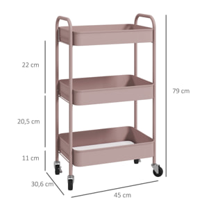 HOMCOM Carrito Auxiliar con Ruedas Carrito de Almacenamiento con 3 Cestas y Marco de Acero para Salón Dormitorio Oficina Cocina 45x30,6x79 cm Rosa