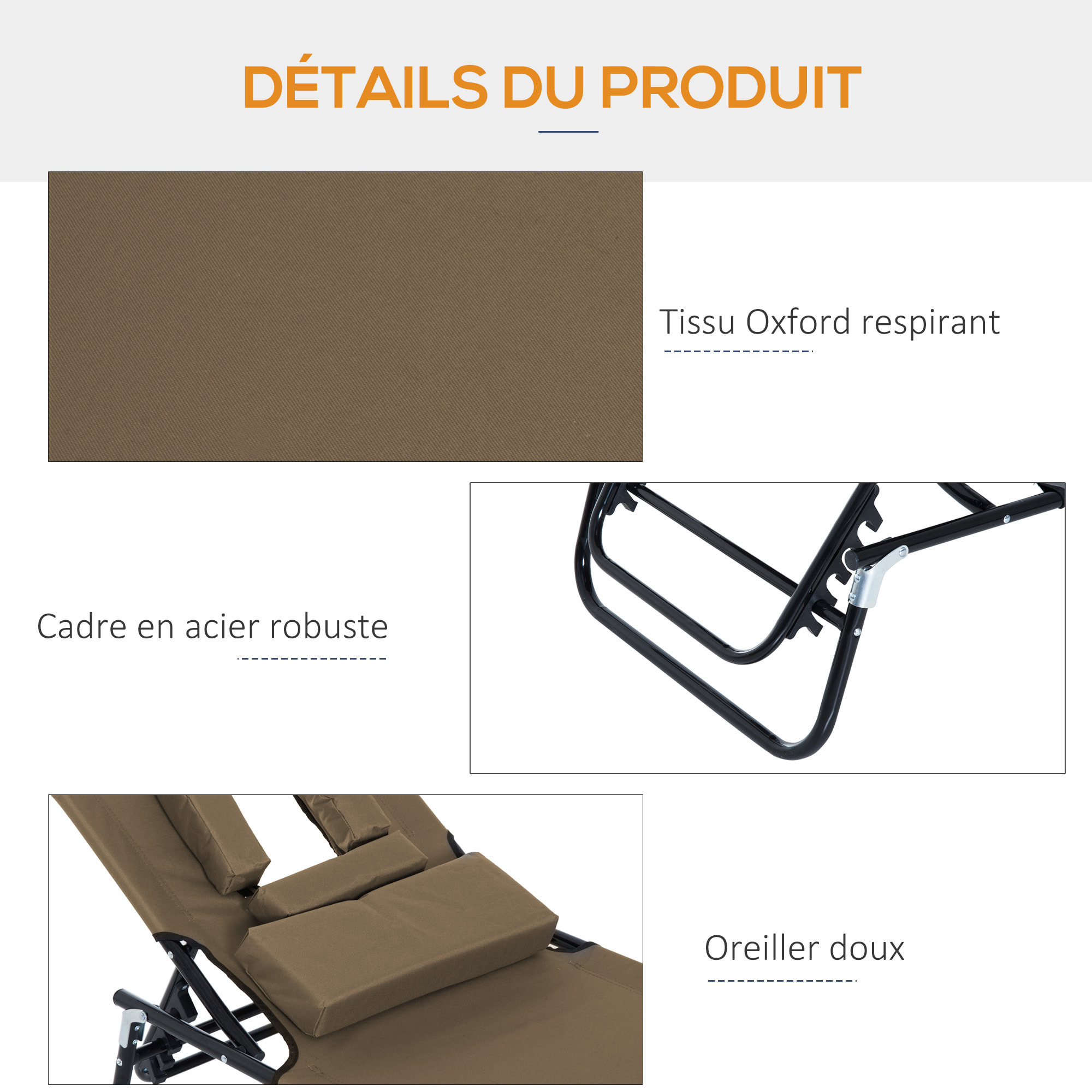 Bain de soleil pliable – Appuie-tête – Dossier 4 positions