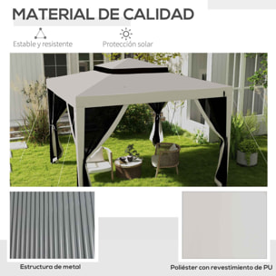 Carpa de Jardín 3x3 m Cenador Gazebo con 4 Mosquiteras Laterales Techo Doble 8 Orificios de Drenaje y Marco de Metal para Terraza Patio Exterior Crema