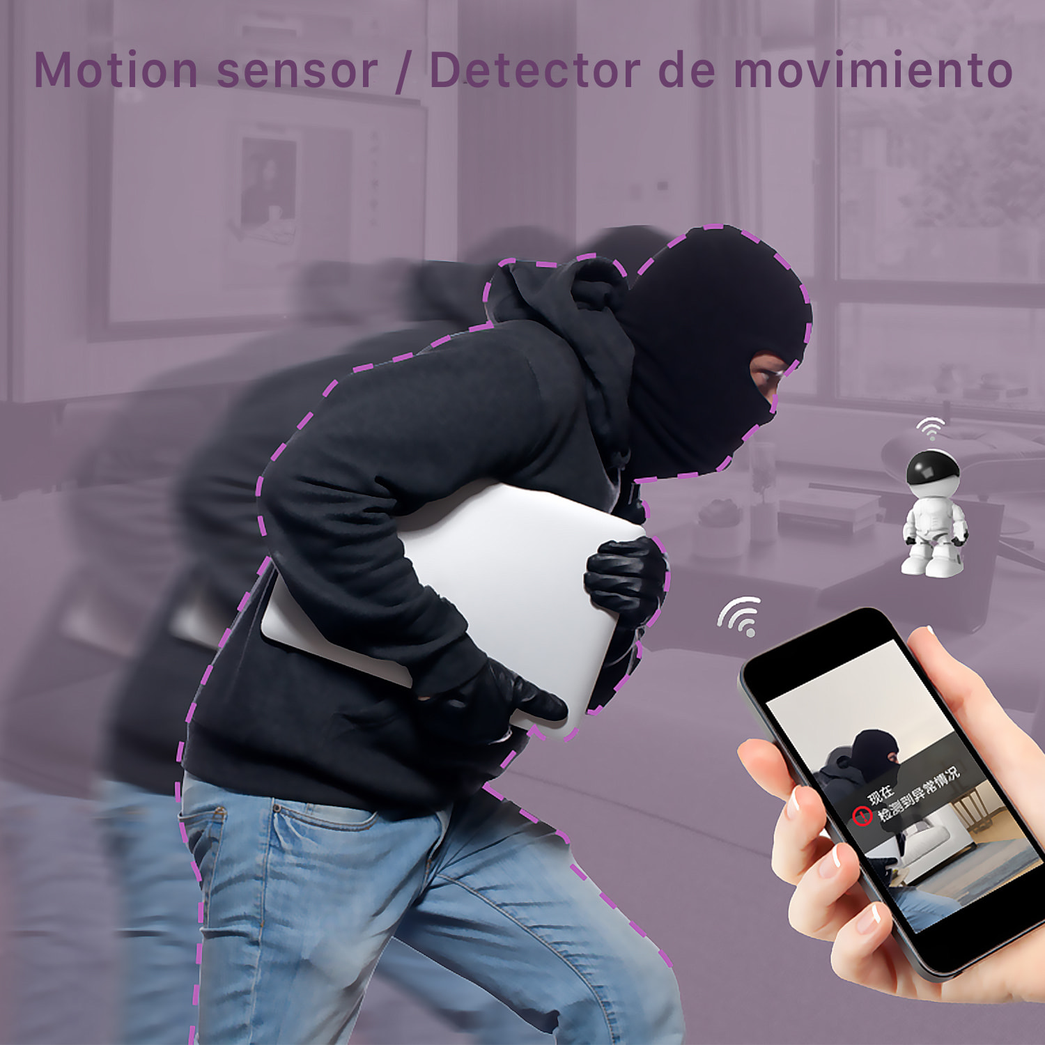 Telecamera IP wifi per sorveglianza con movimento orizzontale e verticale, design robotico. Visione notturna. Comunicazione a 2 vie.