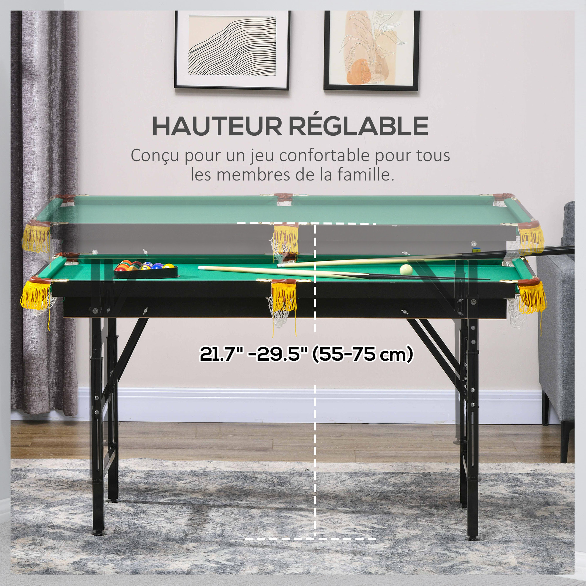 Table de billard pliable hauteur réglable avec accessoires - dim. 140L x 60l x 55-75H cm - vert