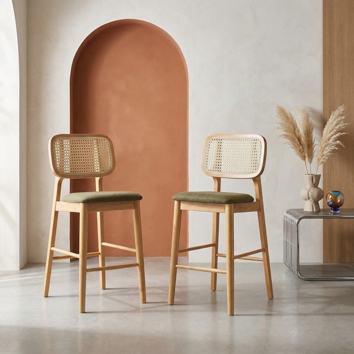 Tabouret de bar bois d'hévéa cannage et tissu 66,5cm (lot de 2) MANI