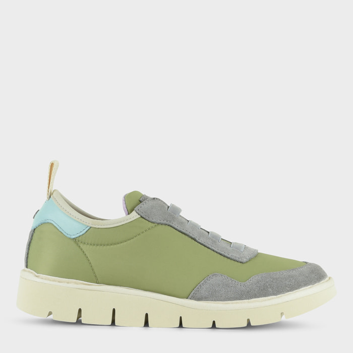 SLIP ON P05 DONNA IN NYLON E SUEDE VERDE-GRIGIO-ACQUAMARINA