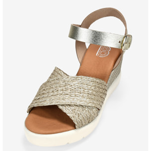 Sandalias de cuña doradas en piel con esparto