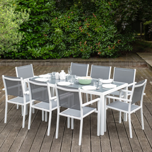 Salon de jardin BARI en textilène gris 8 places - aluminium blanc