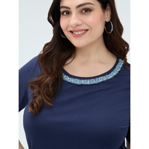 Fiorella Rubino - Camiseta de algodón con aplicación en el escote - Azul