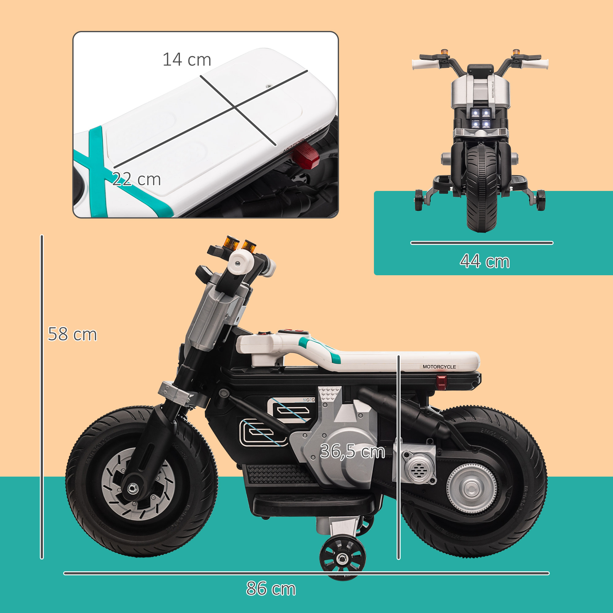 Moto Eléctrica Infantil 6V con Faros Música Ruedas Auxiliares 86x44x58 cm Blanco