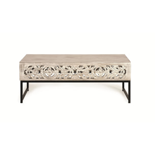 Mesas de Centro de Madera de Mango 110 Cm Estilo Étnico Boho Tallado