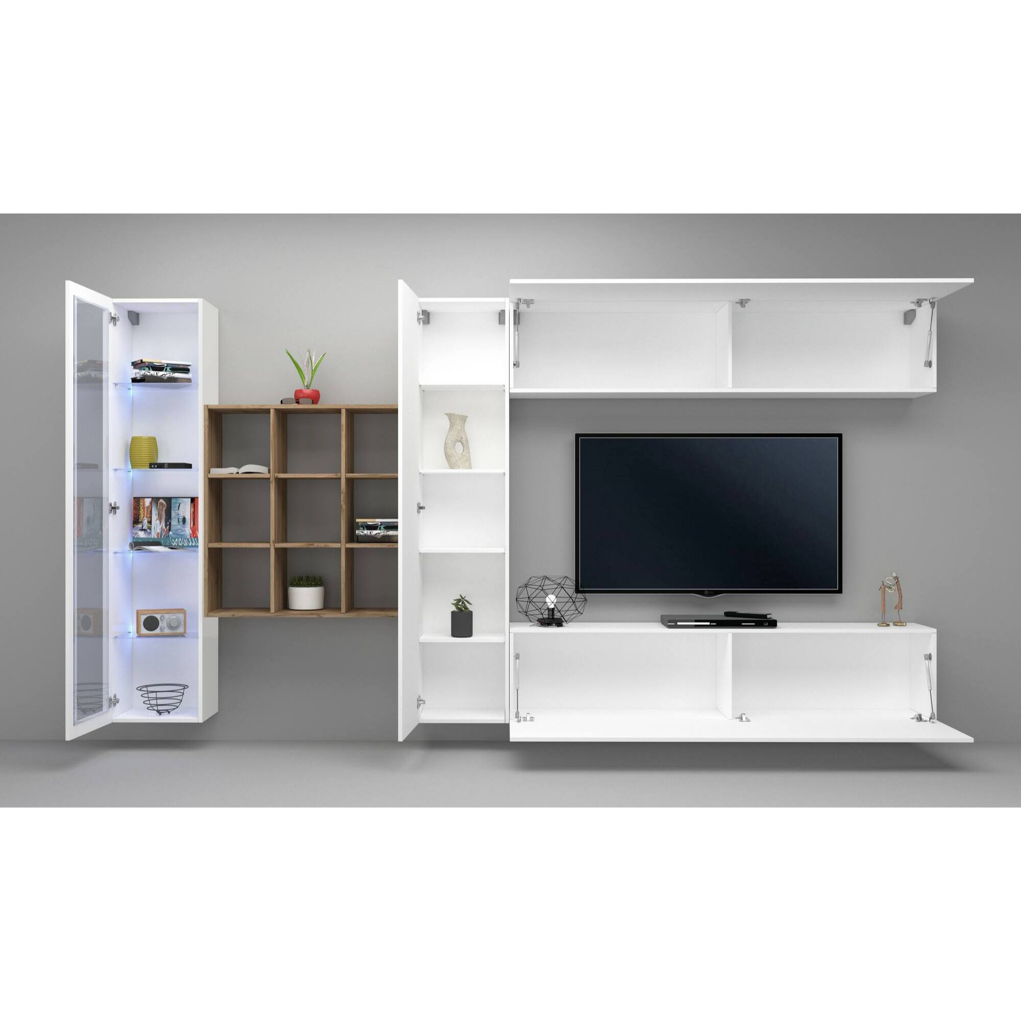 Parete attrezzata Davis, Set salotto porta TV a 4 ante, Mobile soggiorno multiuso con vetrina e luce LED, 100% Made in Italy, cm 310x30h180, Bianco lucido e Acero