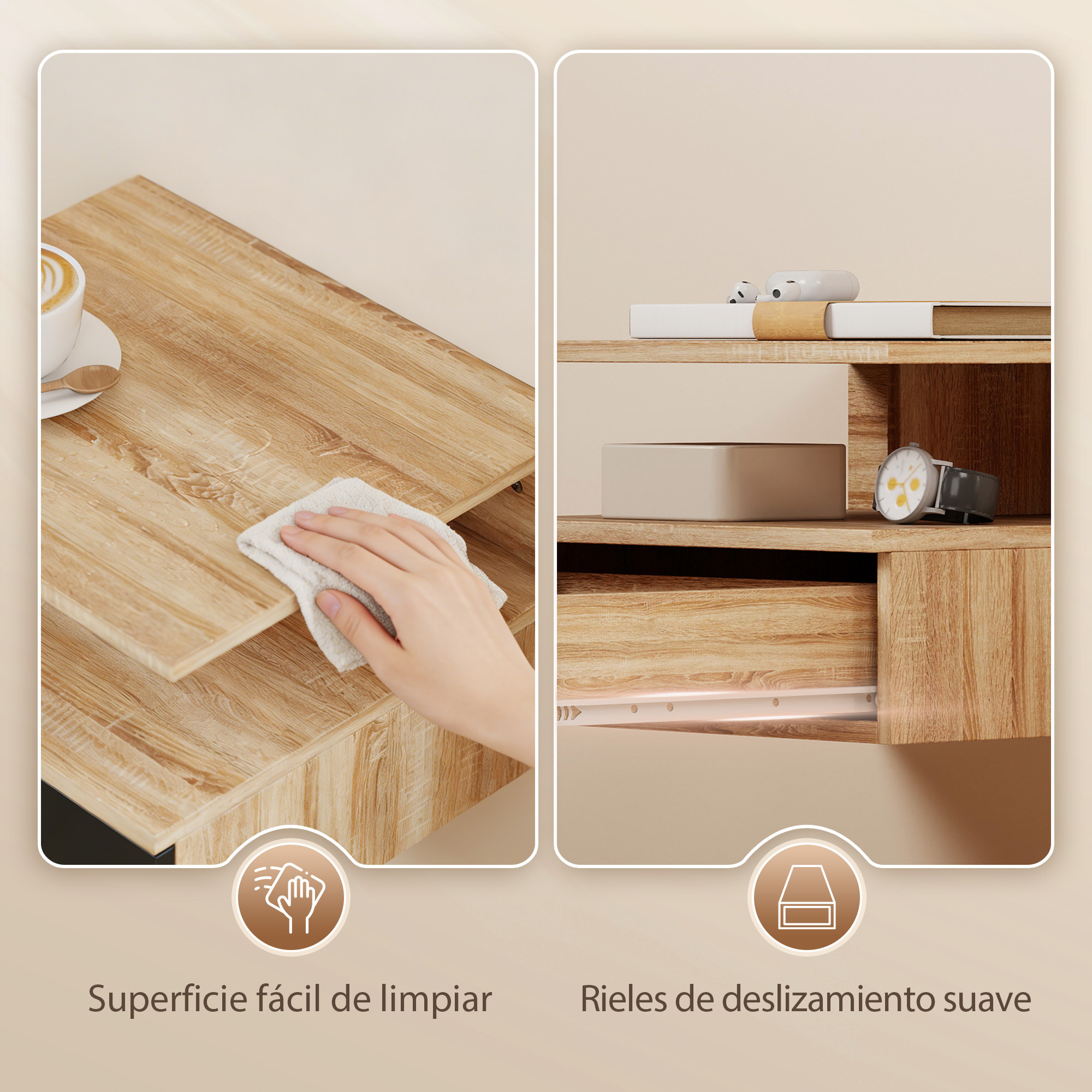 Juego de 2 Mesitas de Noche Flotantes con Cajón, Mesillas de Noche Dormitorio, Montado en la Pared, Estilo Moderno, para Sala de Estar, 35x32x22,5 cm, Roble y Negro