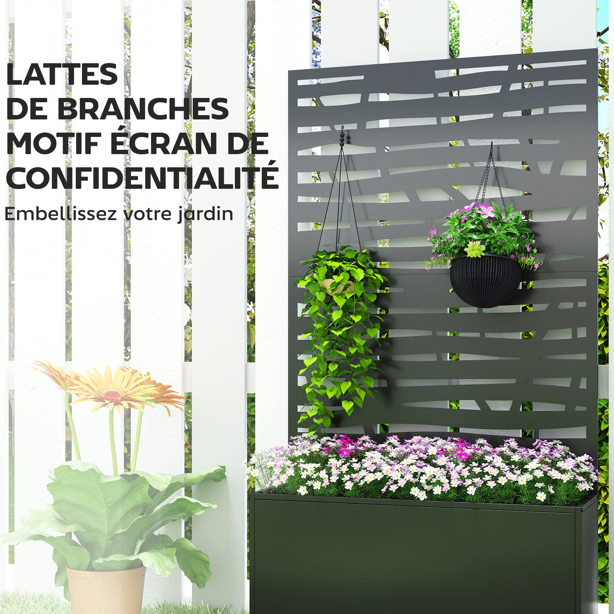 Jardinière mobile treillis haut design graphique  90 x 30 x 160 cm métal époxy noir