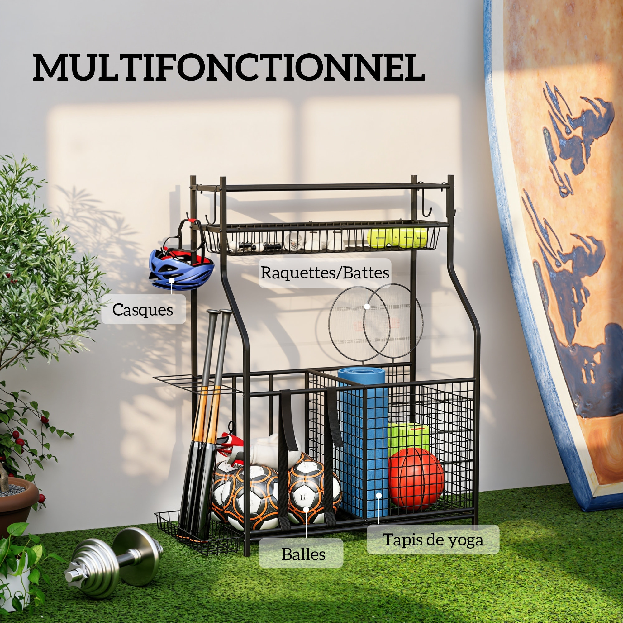 Rangement pour équipements sportifs - support de rangement pour ballon - multi-rangement - métal noir