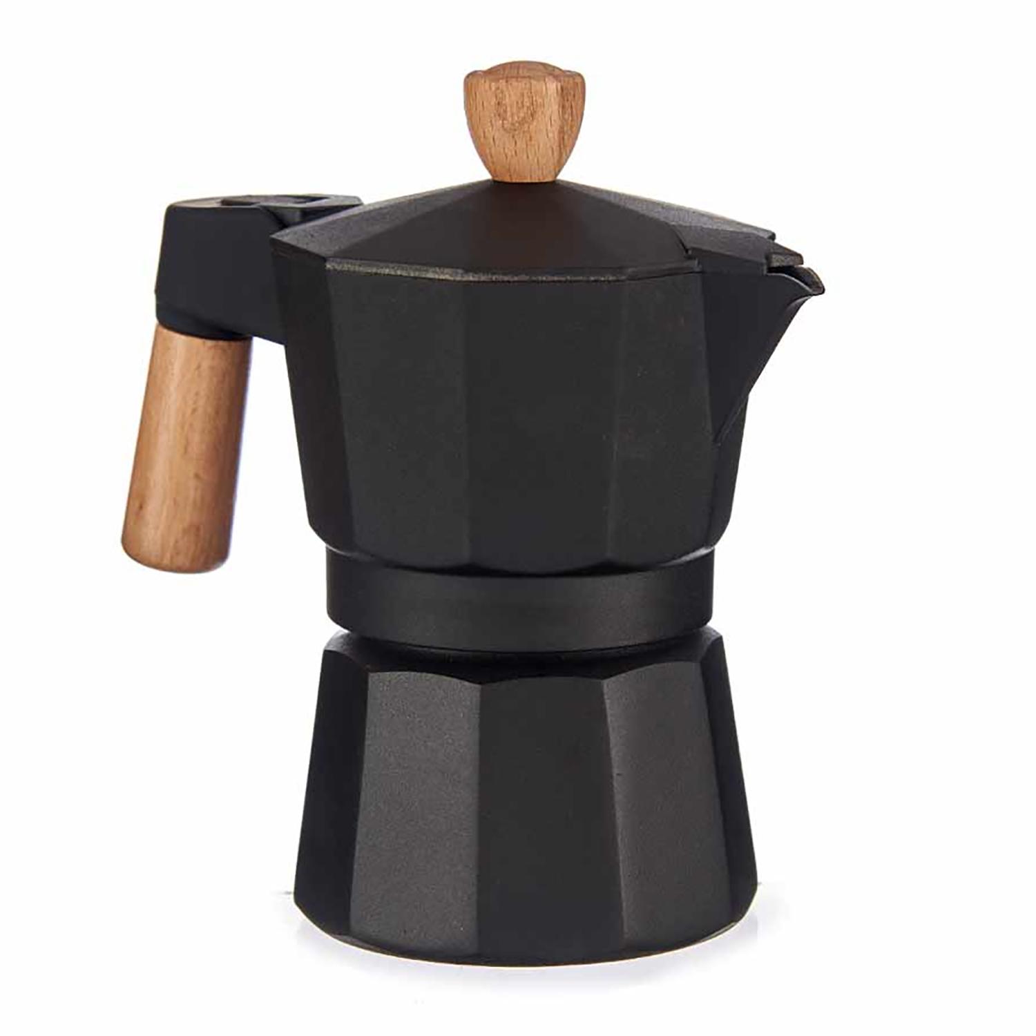 CAFETERA ALUMINIO 3 TAZAS NEGRA ASA MADERA