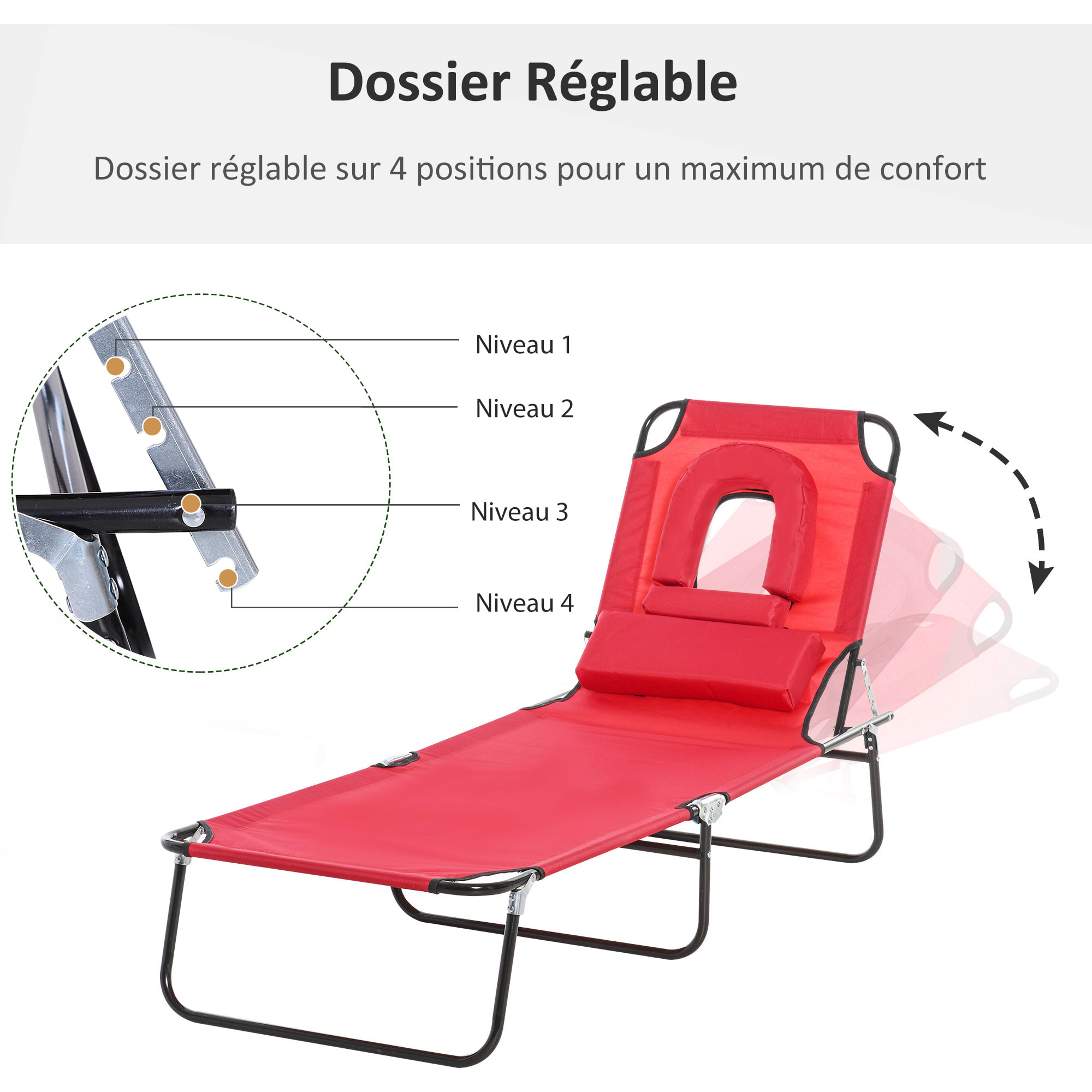 Bain de soleil pliable – Dossier 4 positions – Coussins inclus