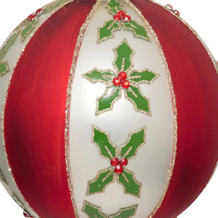 Boule verre décor houx D.8cm rouge et blanc