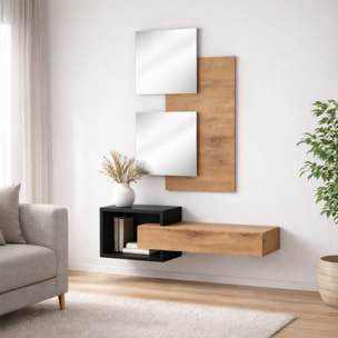 Set Ingresso Moderno Con Specchi Pensile A Giorno Mensola Con Cassetto Salvaspazio Mobile Da Parete 100 x 160 x 30 Cm Nero E Rovere