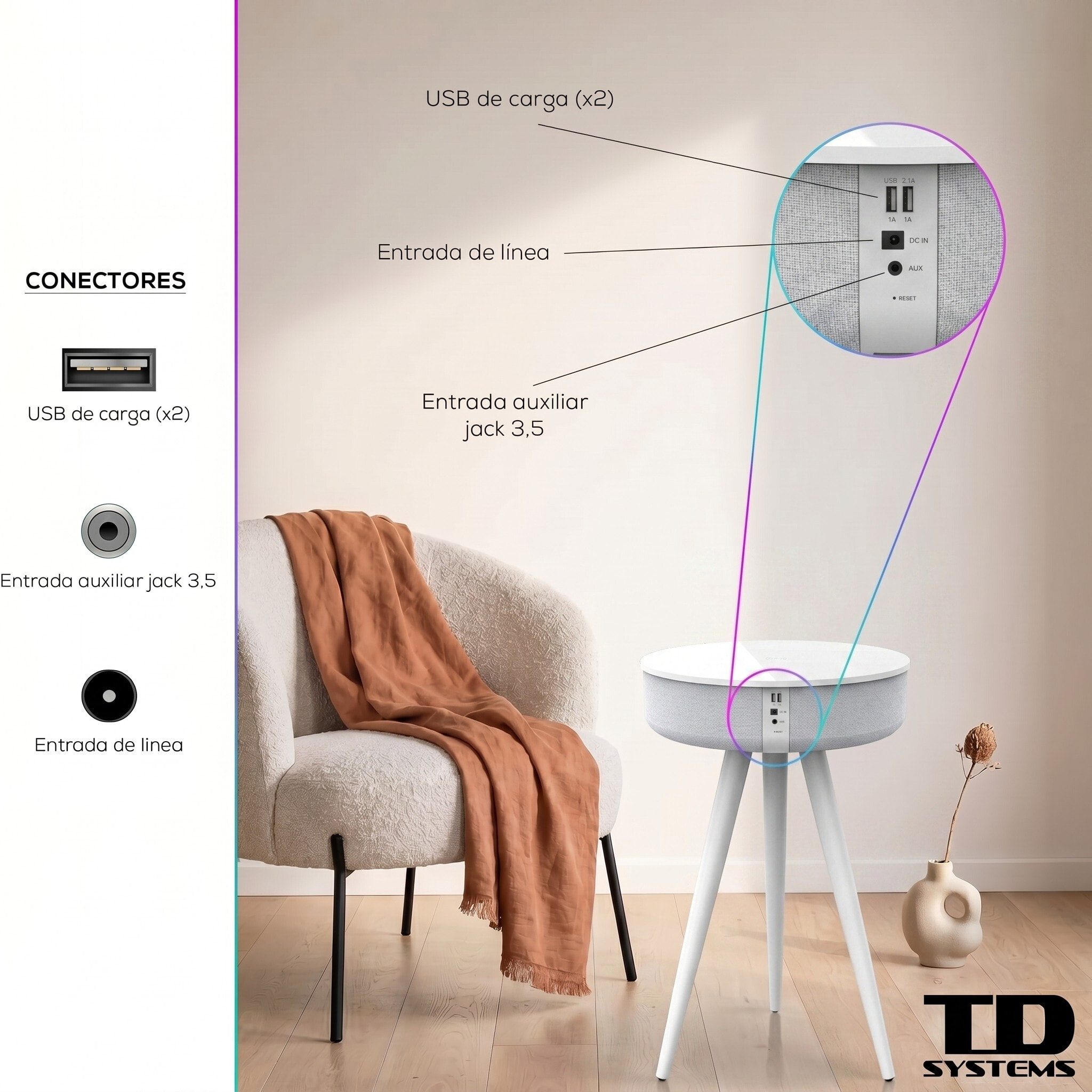 Mesa auxiliar altavoz portátil con sonido de 30W, Bluetooth, base de carga inalámbrica, batería de 2200mAh. Mesilla o mesita para dormitorio o sala de estar - TD Systems SM30B11WB [Lacado blanco]