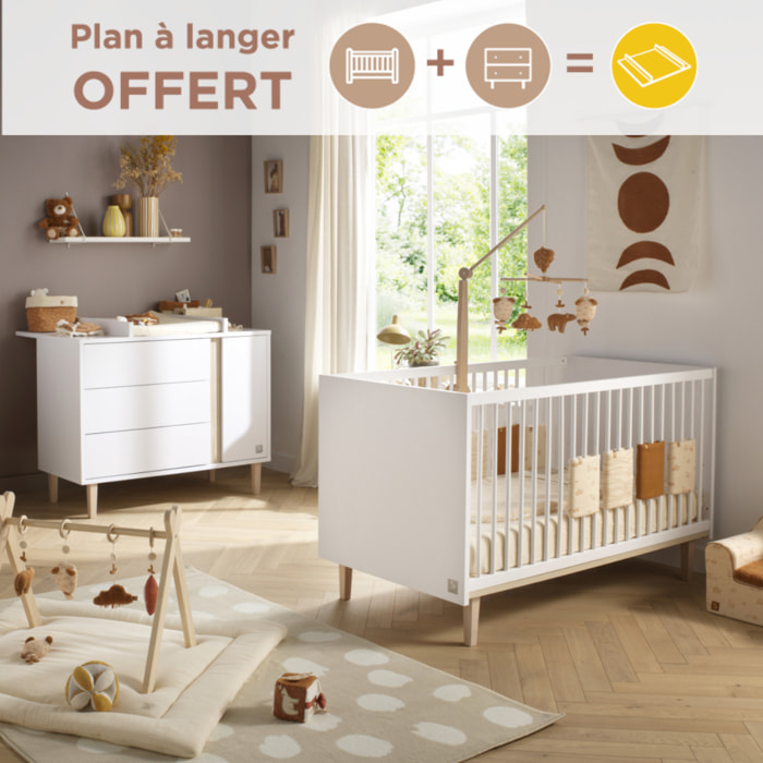 Chambre bébé évolutive Paloma, Lit 140x70 évolutif et Commode à langer 3 tiroirs et 1 porte - Chêne sépia