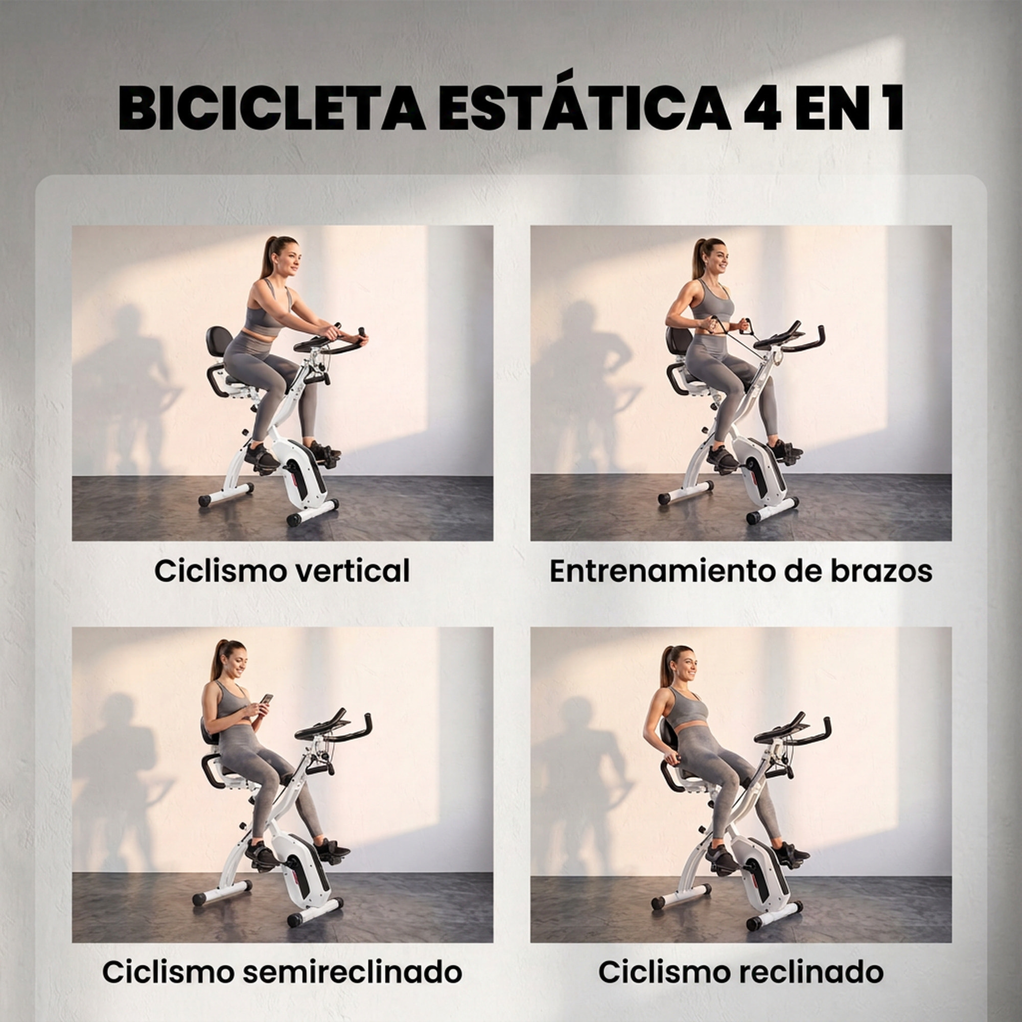Bicicleta Estática Plegable 4 en 1 con Respaldo y 8 Niveles Resistencia Magnética Bicicleta Estática Casa Ajustable con Bluetooth Monitor LCD Volante Bandas Sensor Pulso Soporte Móvil Blanco