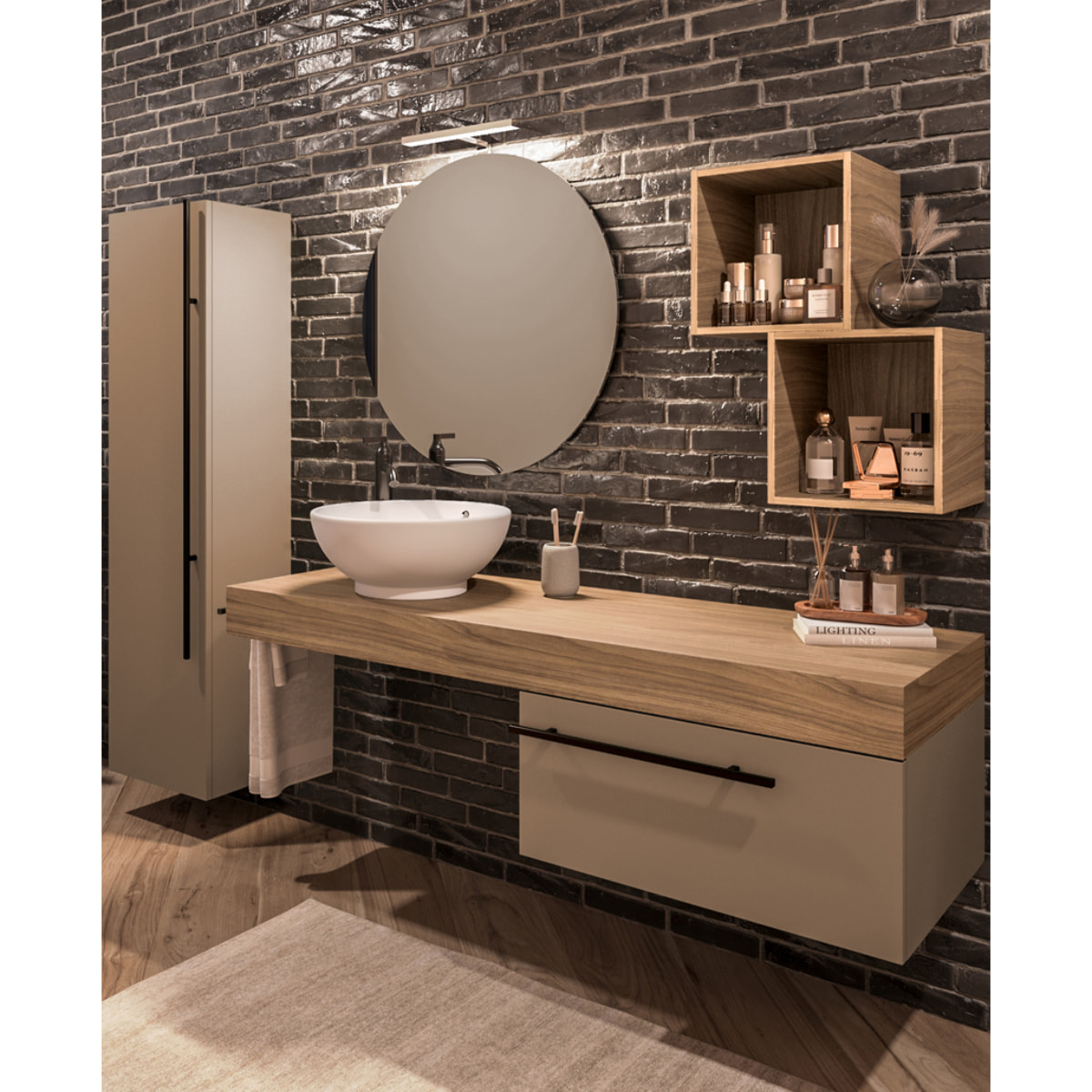 MOBILE DA BAGNO RIFLESSO 140 PORO NOCE E TORTORA MILANO - 9 PEZZI