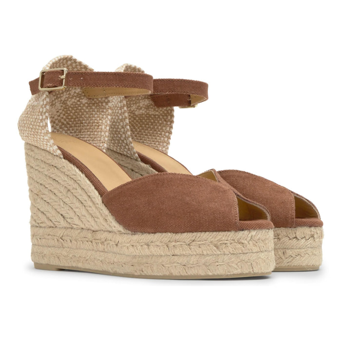 Alpargata de cuña 6 cm peep toe en lona de algodón con talonera trenzada