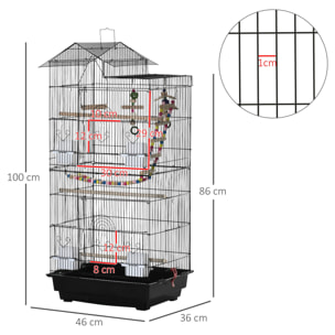 Jaula para Pájaros Pajarera de Metal con Múltiples Puertas 4 Comederos 3 Perchas Columpio Escaleras y Bandeja Extraíble para Loros Canarios Periquitos 46x36x100 cm Negro