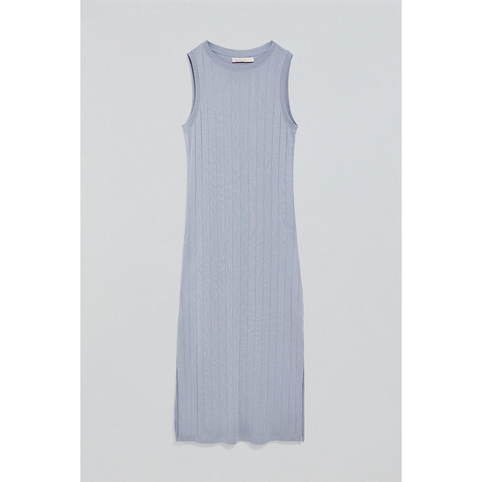 Vestido azul largo y acanalado con monograma bordado