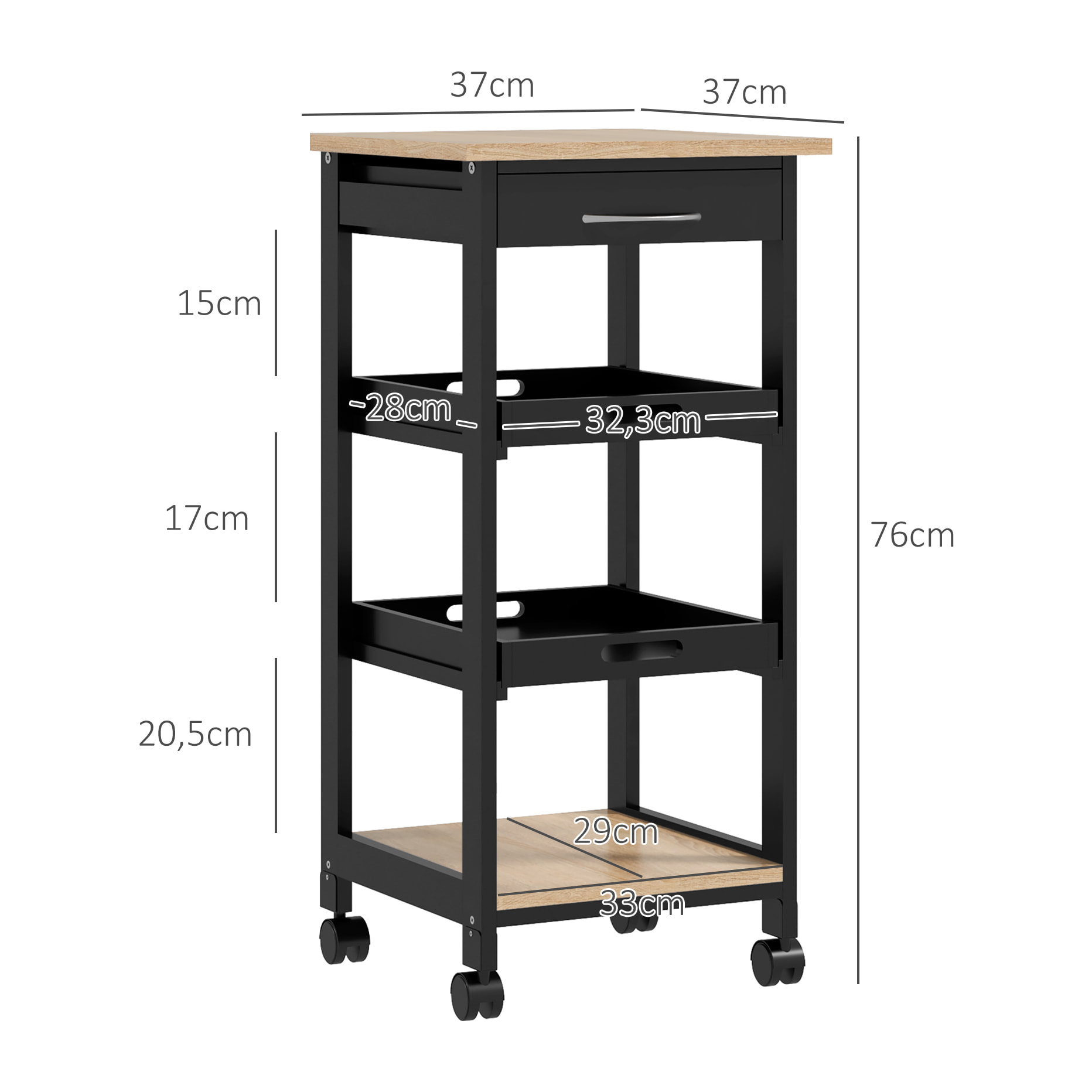 Chariot de service desserte de cuisine à roulettes 2 plateaux amovibles, tiroir, étagère MDF chêne clair bois pin noir