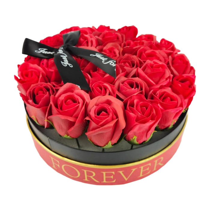 Box tondo Rose rosse artificiali bouquet di 29 rose perenni, confezione mazzo di rose per San Valentino, cm 23x23x14 scatola in cartone rosso