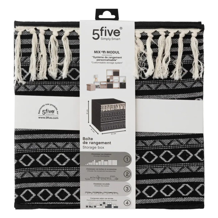 Panier tissu 31x31cm "Mix N' Modul" noir et blanc pompons
