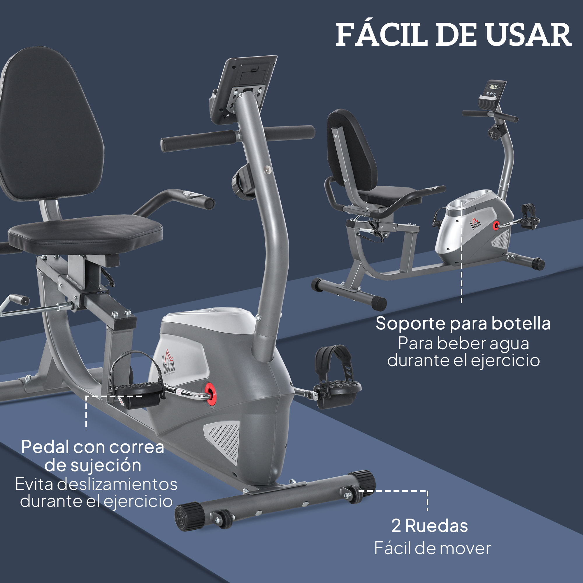 Bicicleta Estática con Respaldo, 8 Niveles Resistencia Magnética, Bicicleta Estática para Casa, con Volante, Asiento Ajustable, Monitor LCD, Pulsómetro, Soporte de Teléfono y Ruedas, Gris