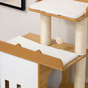 Arbre à chat design contemporain griffoir sisal naturel 2 niches plateformes jeu boule suspendue MDF blanc aspect hêtre clair