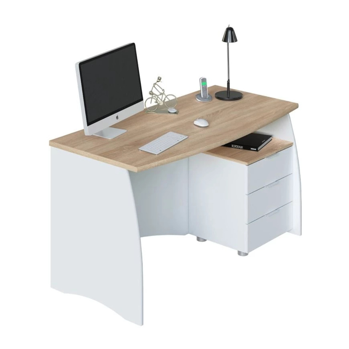Mesa de escritorio Stil Buc 3 cajones Blanco Artik (Blanco Mate) - Roble Canadian
