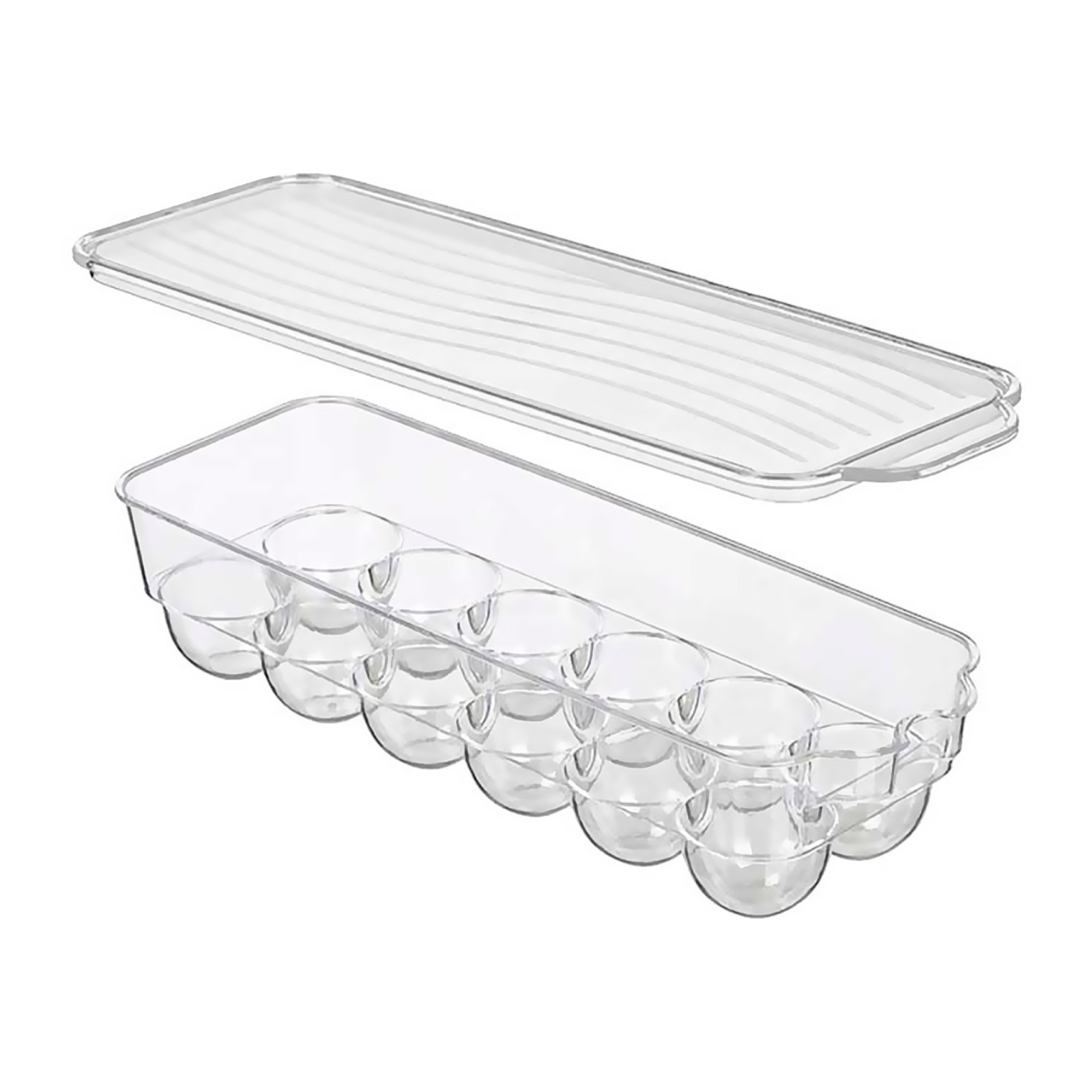 Huevera alargada transparente con 12 cavidades y tapa.