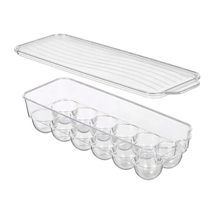Huevera alargada transparente con 12 cavidades y tapa.