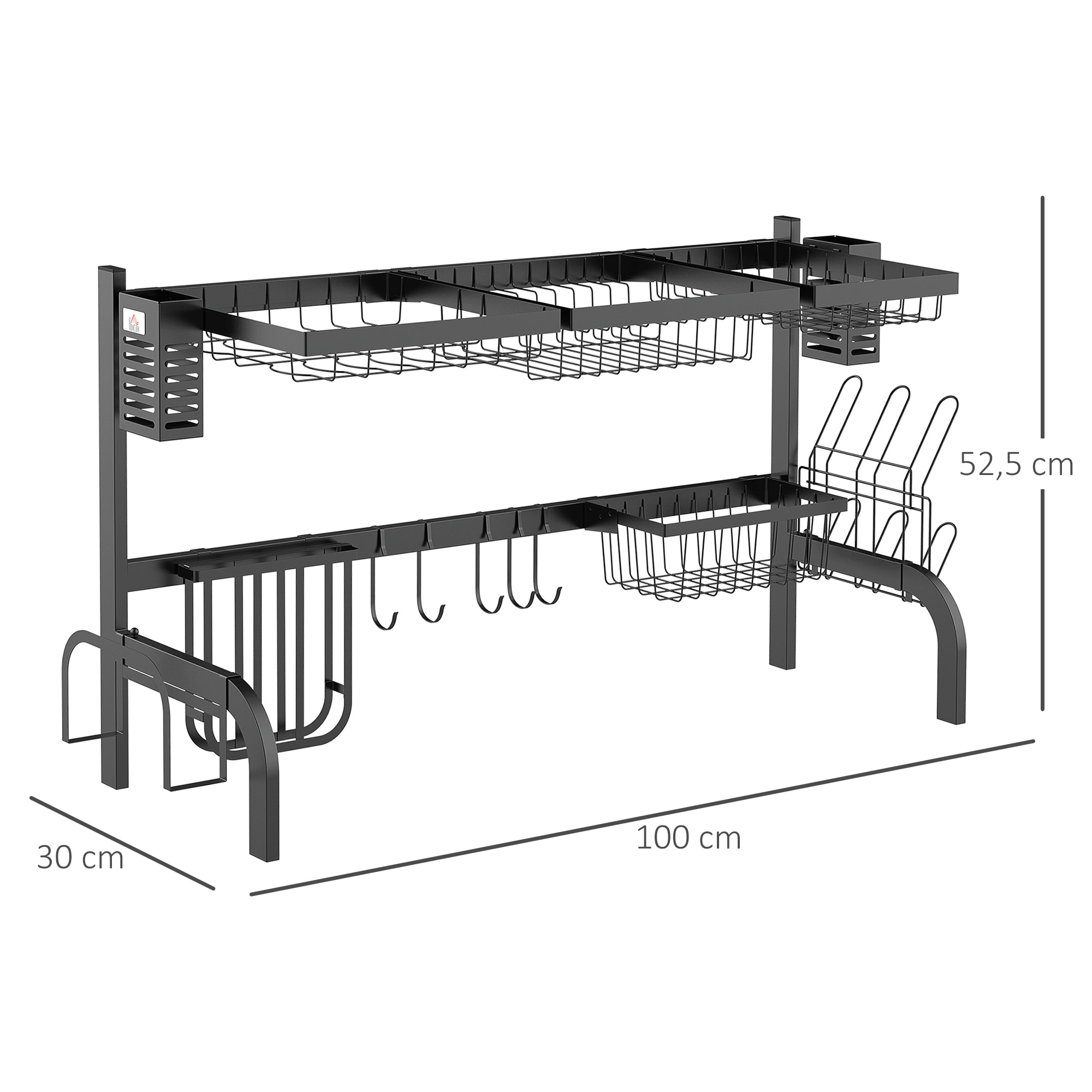 HOMCOM Escurreplatos de Acero Escurridor de Platos de 2 Niveles para Fregadero Estante de Secado de Platos con Soporte para Tabla de Cortar Soporte de Cubiertos 100x30x52,5 cm Negro