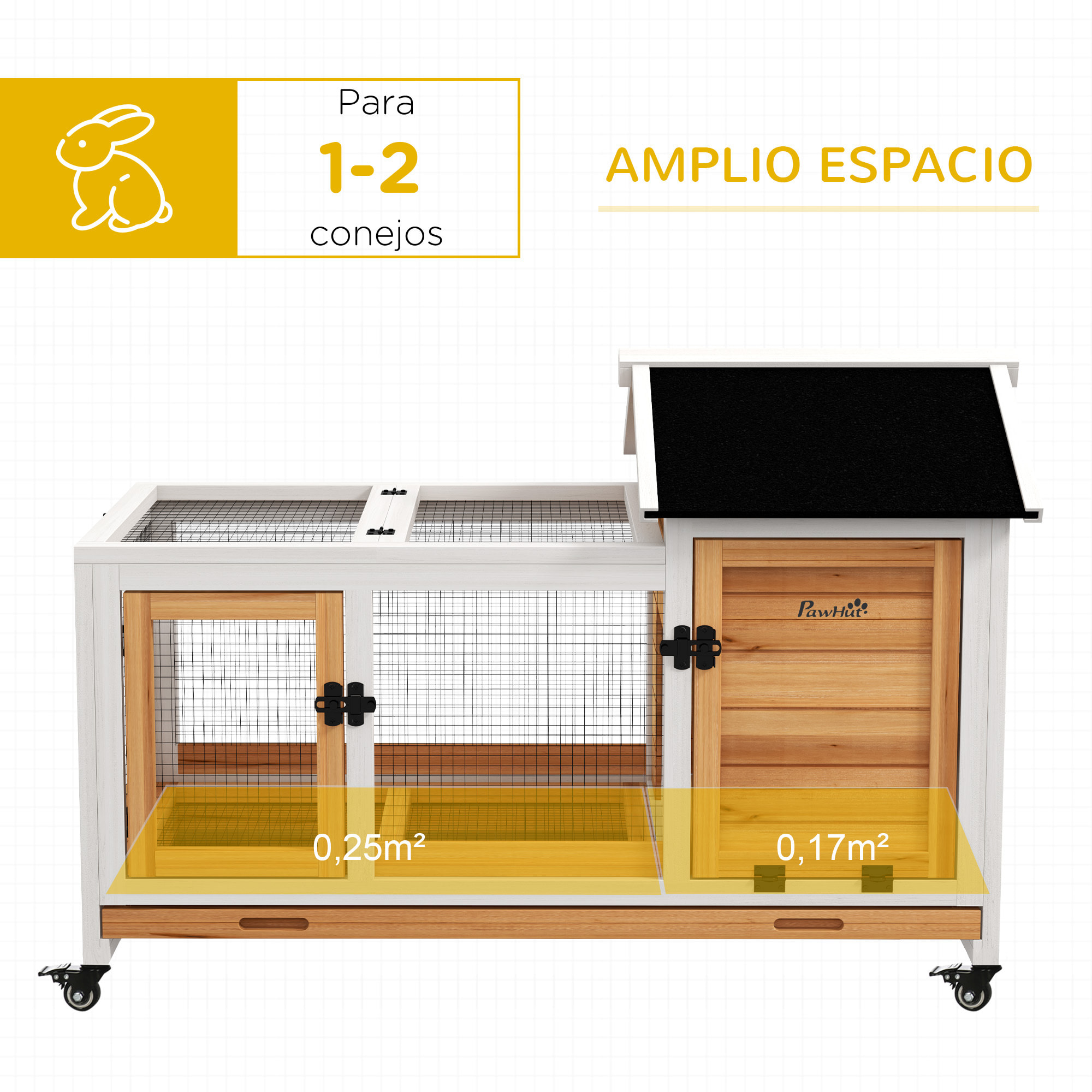 Conejera de Madera con Ruedas Jaula para Conejos con Techo Abatible y Bandeja Extraíble Conejera para Interior y Exterior 108x58x73,5 cm Natural