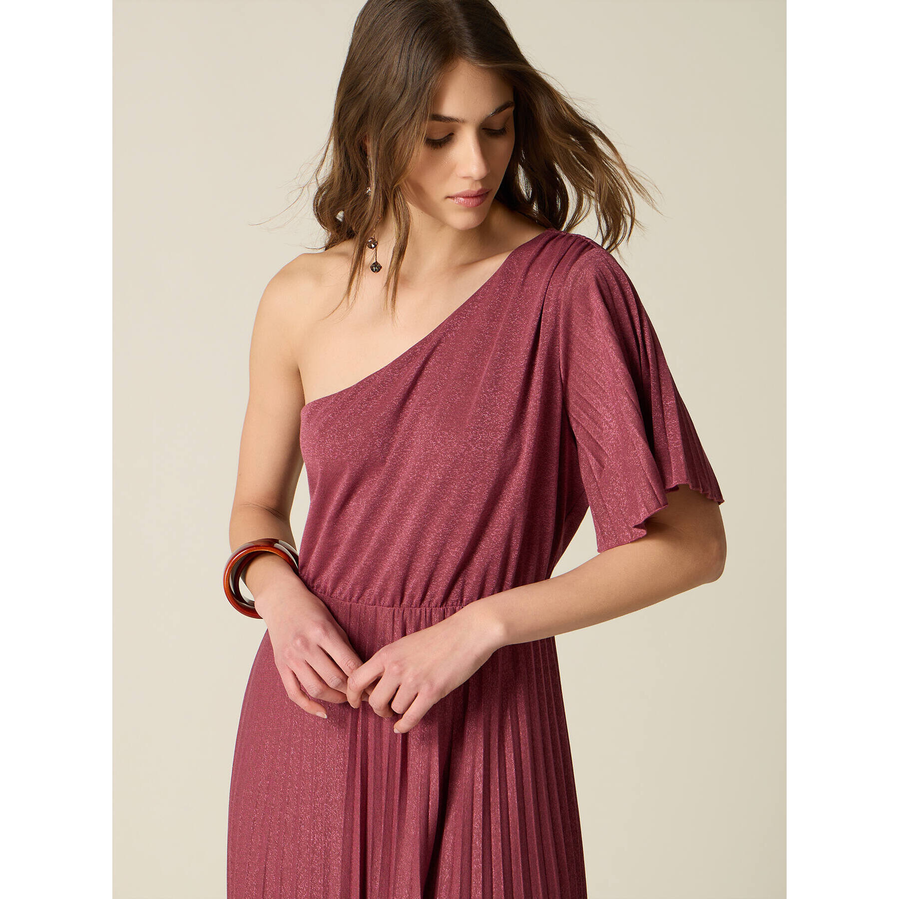 Oltre - Vestito lurex monospalla - Bordeaux