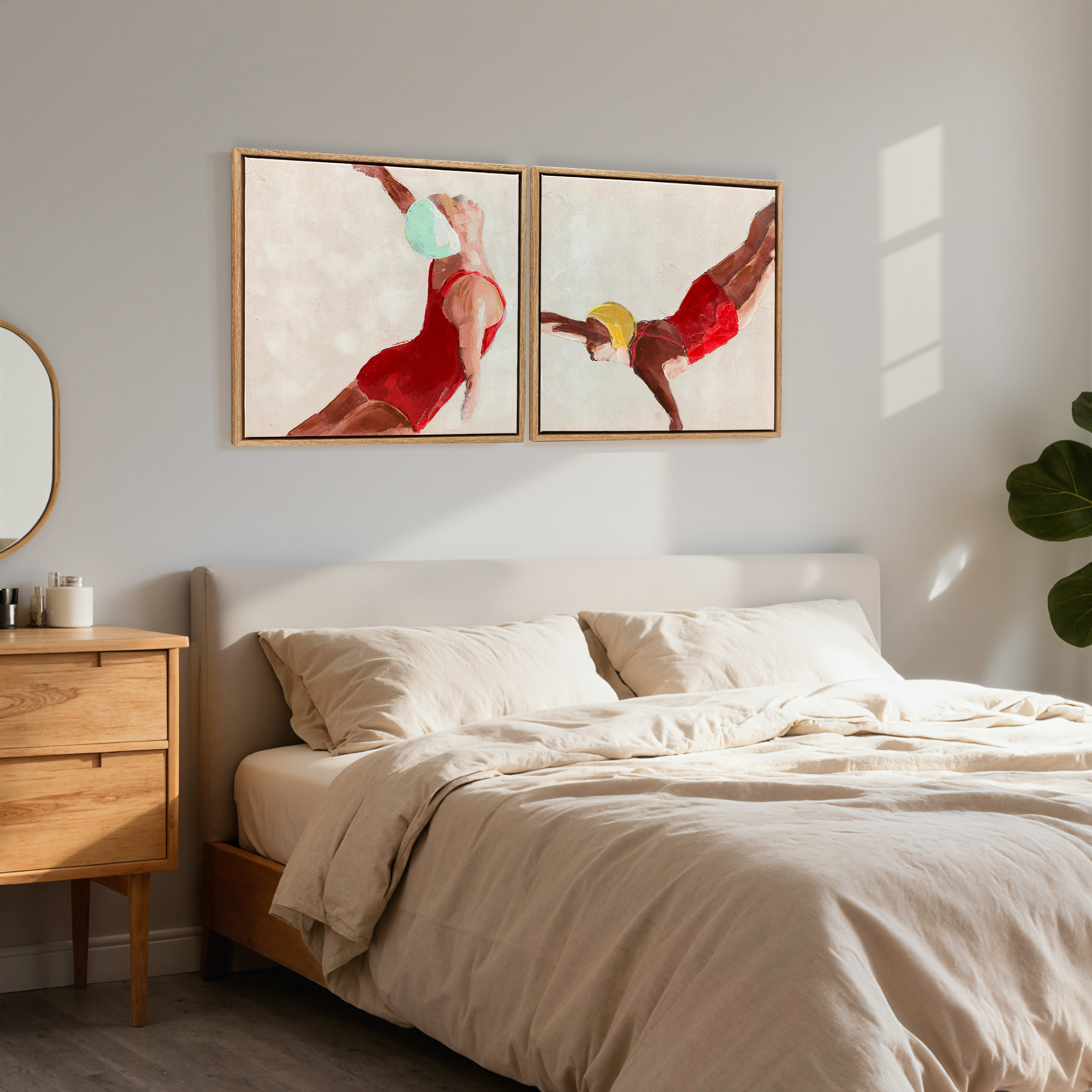 Cuadros en Lienzo de Figuras Dinámicas a Mano, 40x40 cm, 2 Piezas, Cuadros de Arte de Pared Enmarcados, Decoración Moderna para Dormitorio, Salón, Cocina, Rojo