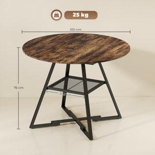 Mesa de Comedor Redonda, Mesa de Cocina para 4 Personas con Estante, Marco Metálico, para Sala de Estar, Ø100x76 cm, Marrón Rústico