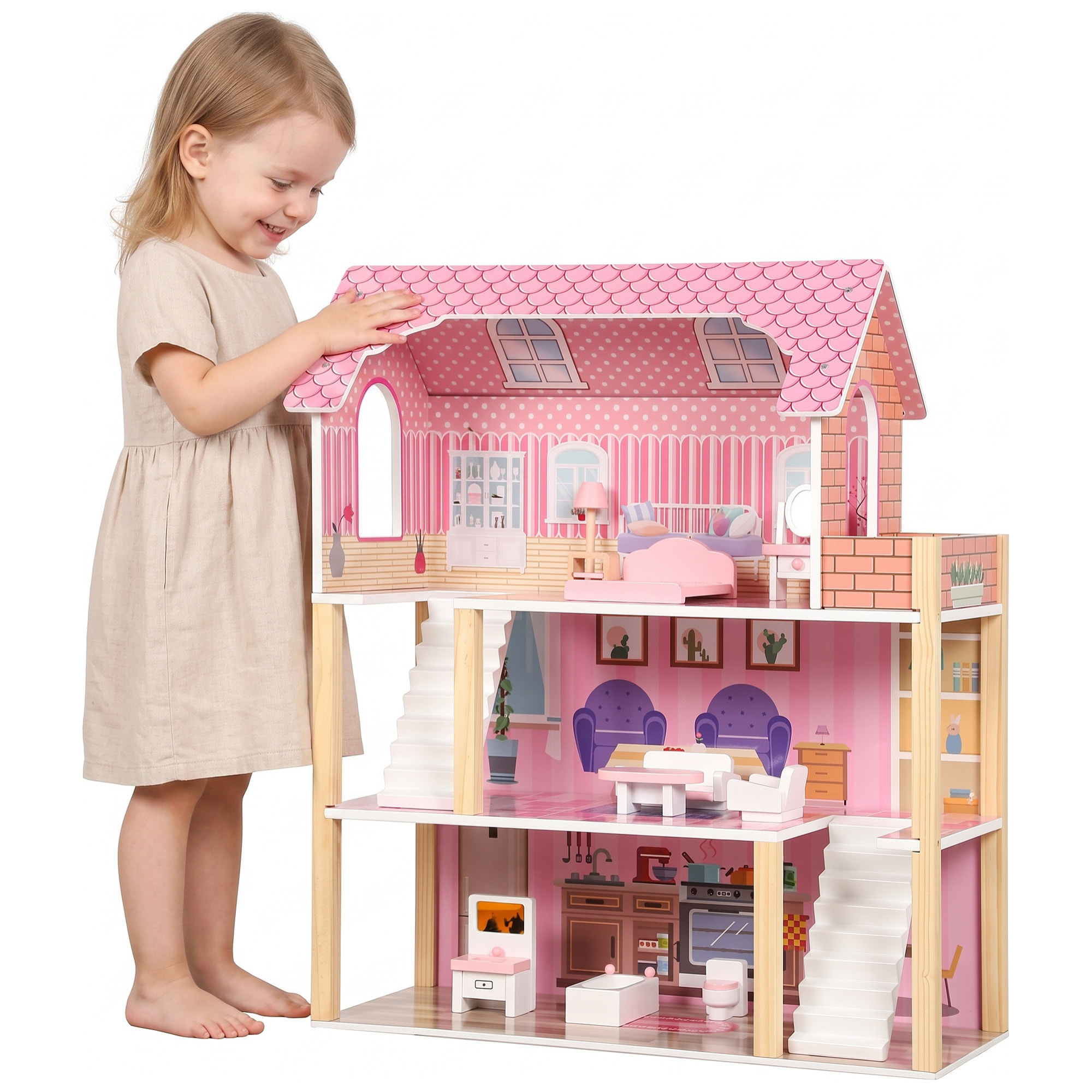 AIYAPLAY Casa de Muñecas de Madera 3 Pisos con Balcón, Escaleras y 10 Muebles, Casita de Muñecas para Niñas, Juguete de Imitación para Niños de 3 a 6 Años, Rosa