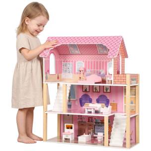 AIYAPLAY Casa de Muñecas de Madera 3 Pisos con Balcón, Escaleras y 10 Muebles, Casita de Muñecas para Niñas, Juguete de Imitación para Niños de 3 a 6 Años, Rosa
