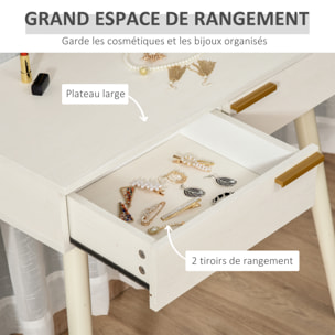 Coiffeuse miroir rond style Art déco - 2 tiroirs - piètement effilé bois - métal doré effet bois blanc