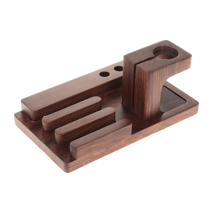 Supporto in legno per 3 smartphone, 3 penne e iWatch con base di ricarica.