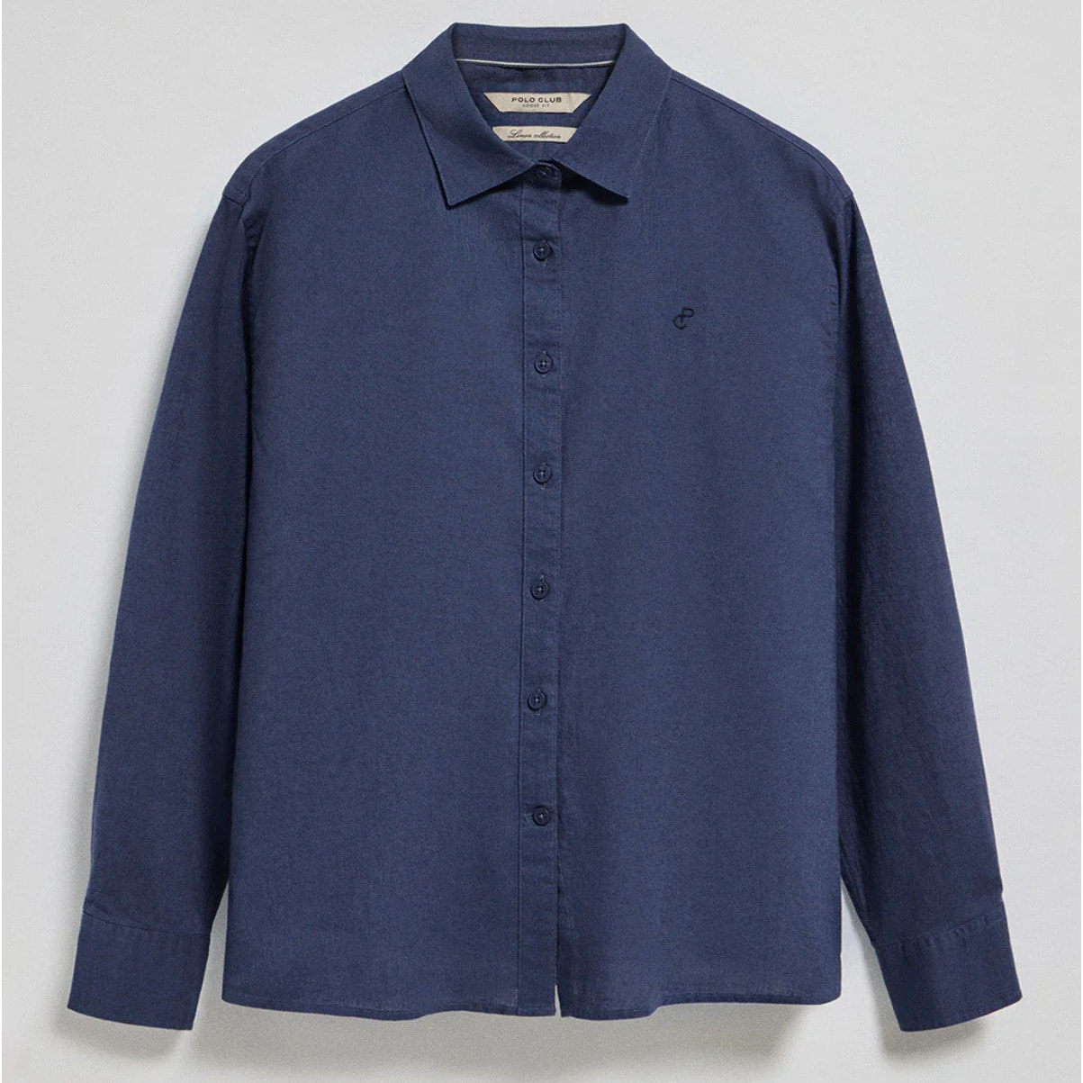 Camicia blu marino loose fit in lino e cotone con ricamo monogramma