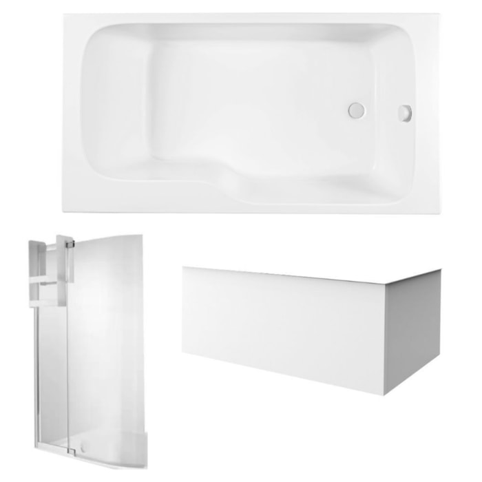 Pack baignoire bain douche 160 x 85 Malice version droite + tablier en angle + pare bain + étagère pour pare bain