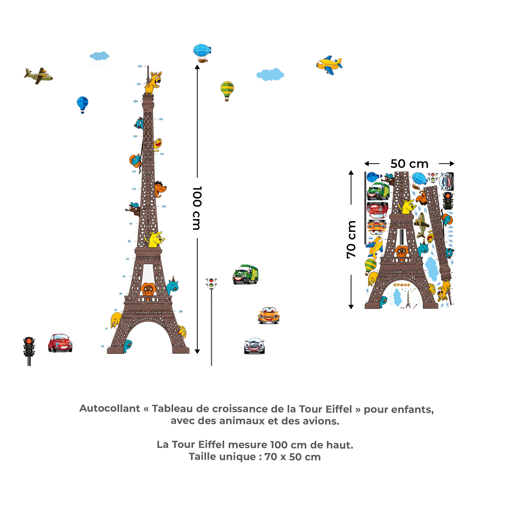 Stickers Muraux décoration adhésifs toise Tour Eiffel pour enfants avec animaux et avions