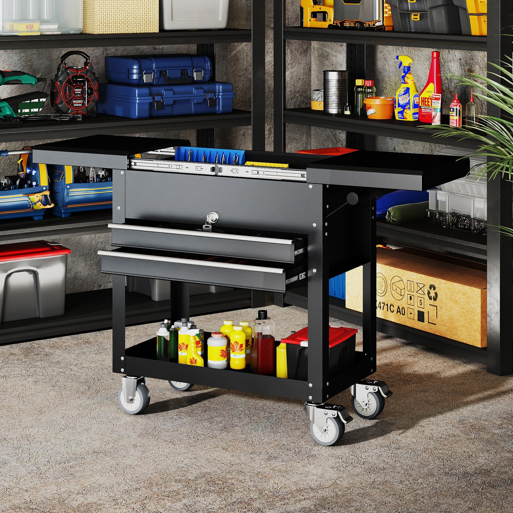 Servante d'atelier acier plateau coulissant coffre rangement 2 tiroirs verrouillables étagère noir