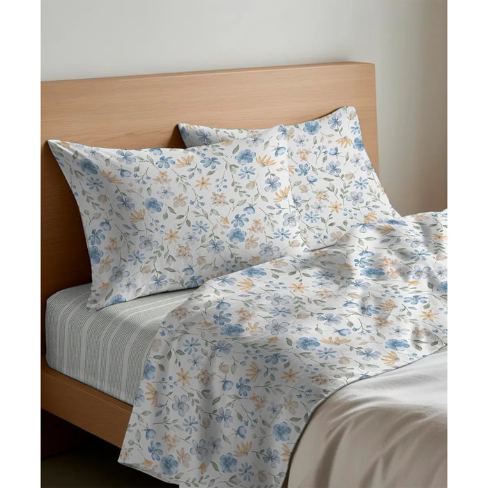 Completo Lenzuola PRIMAVERA AZZURRO 100% Cotone e Made in Italy fiori floreale